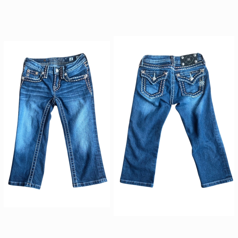 Girls Miss Me Jeans Denim Capri Crop JK5014P56 Size 8 Bling Thick Stitch 21x16.5